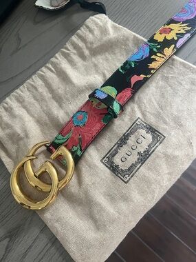 Gucci Black Floral Leather Belt with Gold Double G Buckle